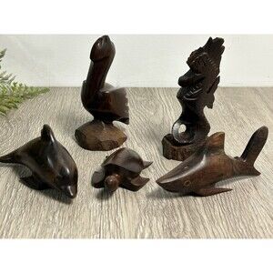 VTG MCM Hand Carved Mahogany Figurines Ocean Sea Animals & Birds Pelican Turtle